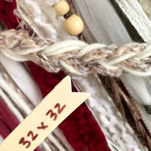 Boho Fiber Art Wall Hanging Macrame Ecru Red Brown Handcrafted Mixed Media Decor - Picture 7 of 7